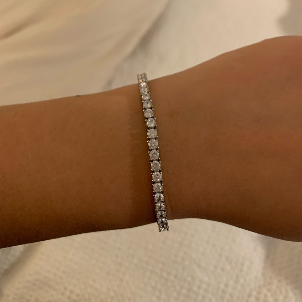 Cubic Zirconia Tennis Adjustable Slider Bolo Bracelet in Silver Plate